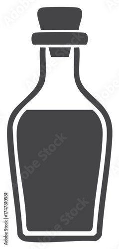 Simple icon of a vintage glass bottle with a cork stopper filled with a magic potion or elixir