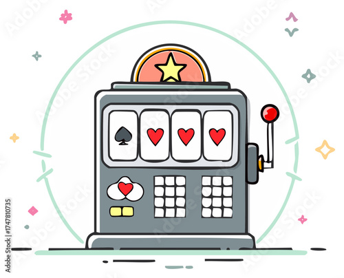 Simple line art slot machine illustration with spade and heart symbols. Casino gambling game icon.