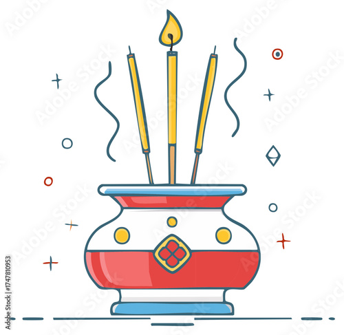 Incense sticks and pot illustration with flames and decorative elements.