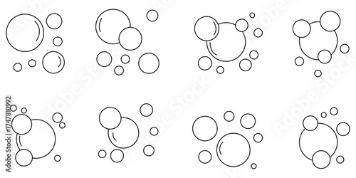 Bubbles line icons set. Soap foam, fizzy drink, oxygen bubble, effervescent effect line icons set, editable stroke. Bubbles and foam icon set.