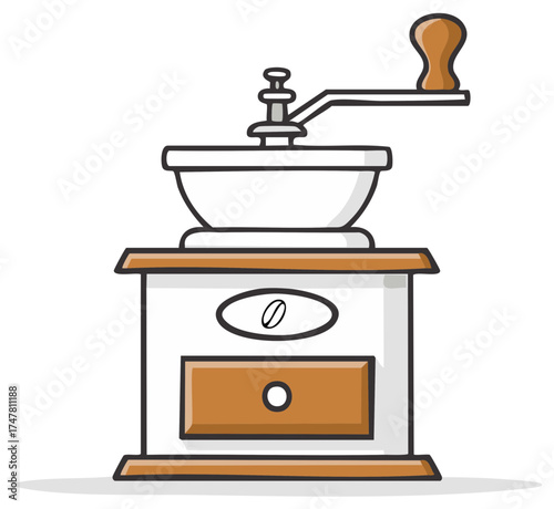 Illustration of Hand Crank Coffee Mill with Grinding Bowl and Drawer