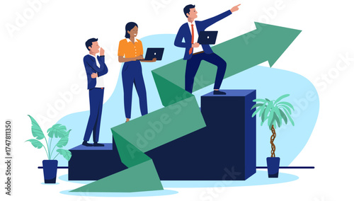 Business team stands on a rising green arrow pointing forward, with a leader pointing into the distance, symbolising growth and future direction in a flat design vector illustration