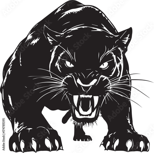 Aggressive crouching panther silhouette with sharp teeth and claws in black and white predator illustration