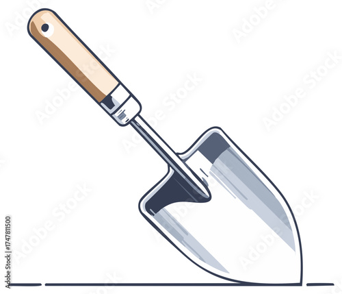 Hand drawn illustration of a gardening trowel with wooden handle on the ground