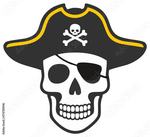 Pirate Skull with Eyepatch and Tricorne Hat Skull and Crossbones Symbol