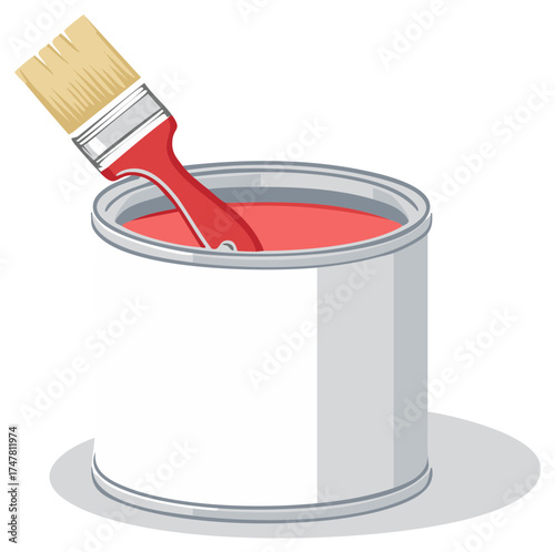 Paint can with paintbrush dipped in red paint, simple illustration