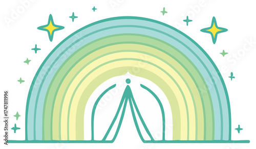 Whimsical Hand Drawn Tent Under a Magical Pastel Rainbow with Stars