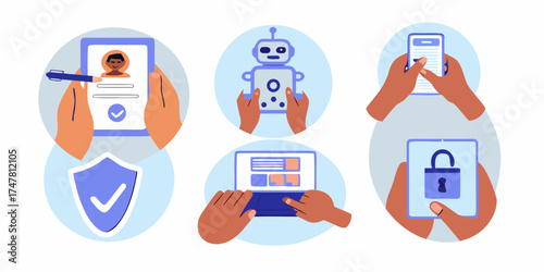 Digital security and privacy concepts illustrated with hands interacting with technology and security symbols