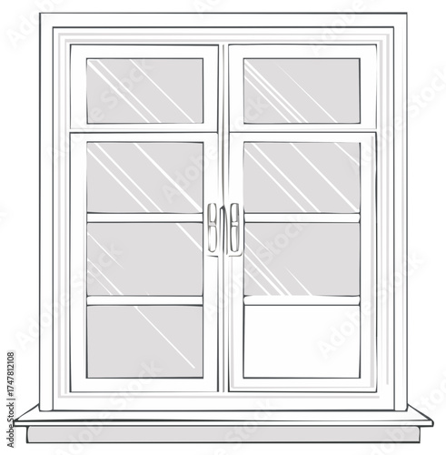 Illustration of Paneled Window with Handles, Featuring a Sill and Framing Detail