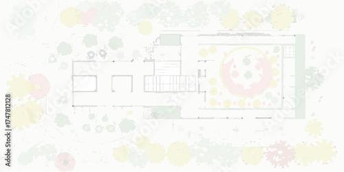 Top down architectural blueprint of a building with surrounding landscape design and garden elements