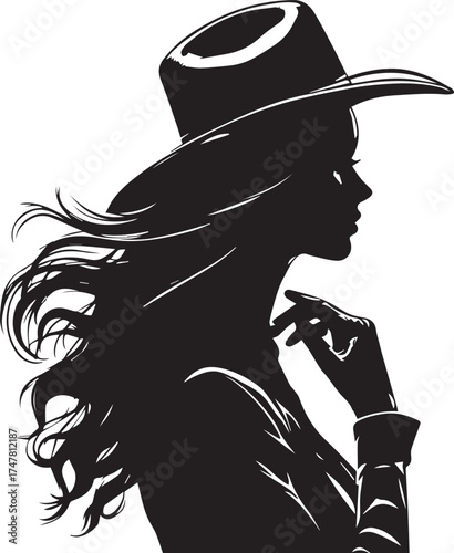 Stylized silhouette of person in wide-brimmed hat with flowing hair in contemplative black line art pose