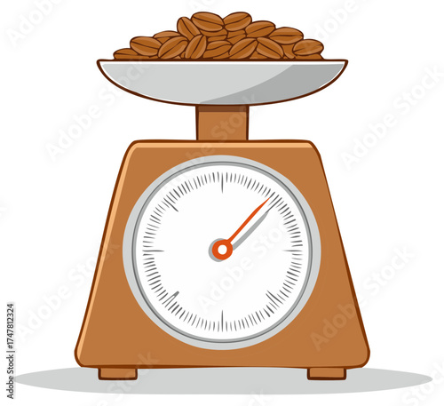 Vintage Scale Weighing Brown Coffee Beans Represents Measurement of Ingredients and a Precise Amount for Consumption