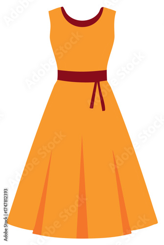 Orange pleated midi dress with maroon trim and sash