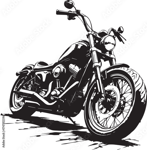 Motorcycle in the Shadow: A detailed monochrome illustration of a classic motorcycle, perfectly embodying the spirit of freedom and adventure. A symbol of the open road, powerful engine and design.