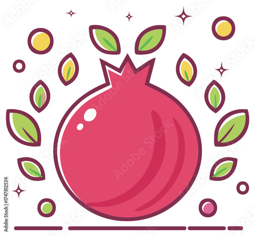 A single pomegranate surrounded by leaves and dots in a vector format, a colourful abstract design element for print or web