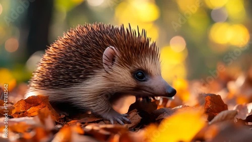 Adorable Hedgehog Foraging in a Vibrant Autumn Forest.