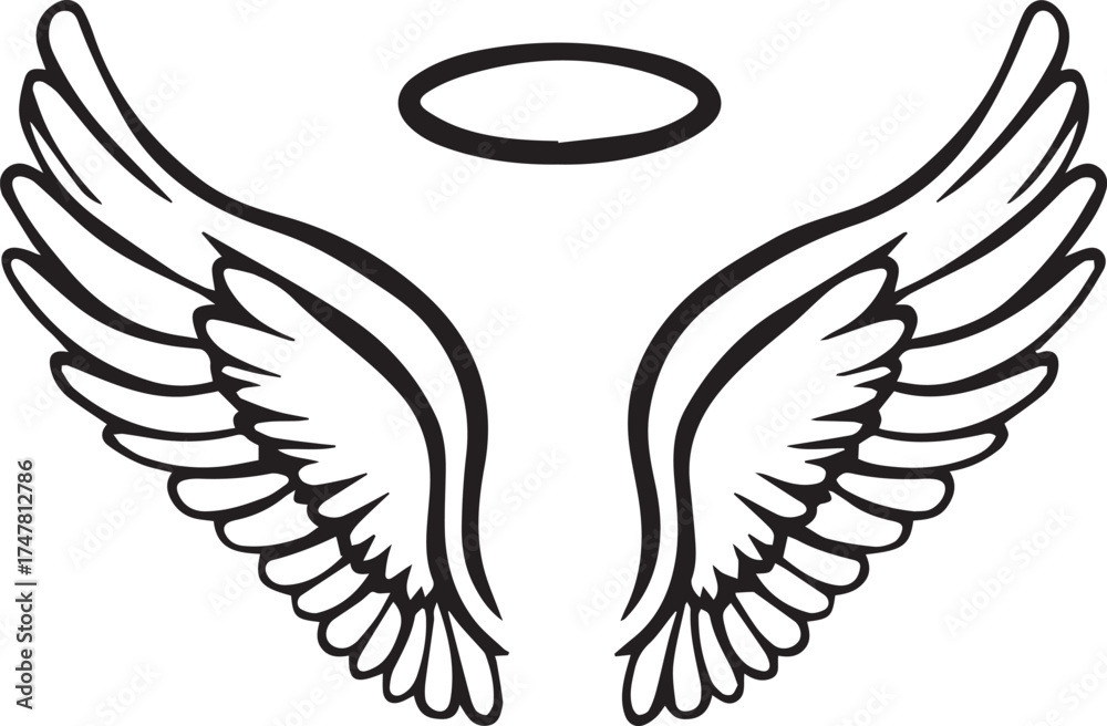 Fototapeta premium Serene Embrace: A pair of ethereal wings, with a halo gently poised above, evoke a sense of peace and transcendence, radiating an aura of serenity.