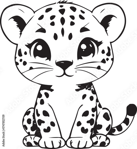 Cute Leopard Cub: A charming, outlined illustration of a baby leopard, showcasing its adorable spotted fur pattern and innocent gaze.