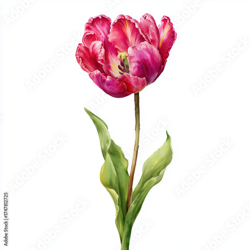 Watercolor Illustration of Tulip Flower with Pink and Red Petals, Botanical Art on White Background
