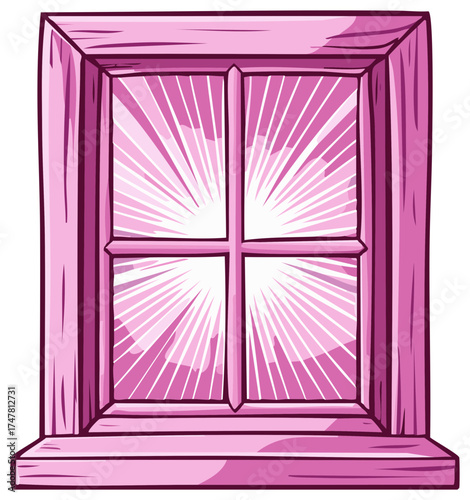 Pink Window Frame with Light Rays, Cartoon Style