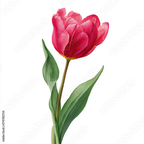 Watercolor Illustration of Tulip Flower with Pink and Red Petals, Botanical Art on White Background