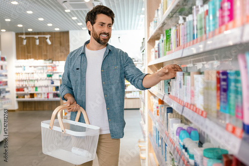Caucasian man choosing medicine from pharmacy shelf