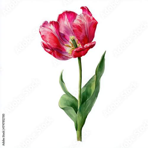 Watercolor Illustration of Tulip Flower with Pink and Red Petals, Botanical Art on White Background