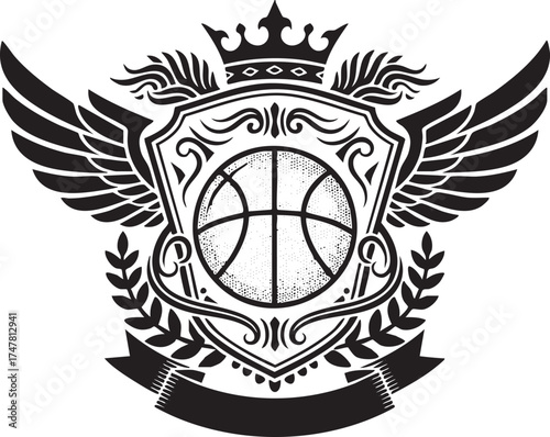 Royal basketball emblem with wings and crown in black and white