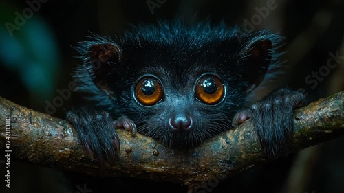 Adorable Lemur Peeking from Tree Branch in Dark Forest.