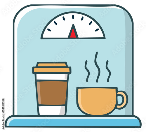 Cartoon illustration of coffee consumption and hot beverage balance on a measurement scale