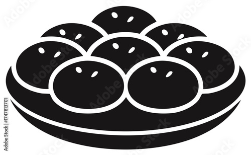 Black and White Illustration of Mochi or Sweet Dumplings on a Plate, Isolated on White