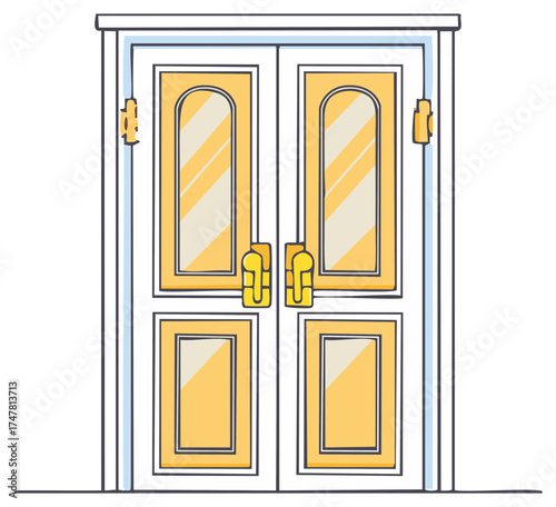 Hand drawn illustration of classic double doors featuring yellow panels and minimalist design elements