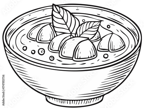 Line art illustration of savory stew or curry in a bowl topped with fresh herbs