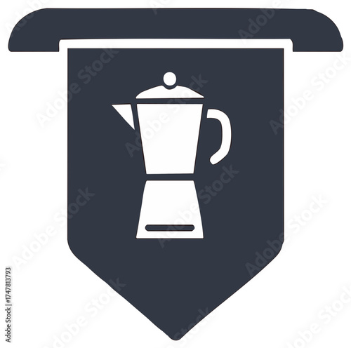 Moka pot coffee maker icon on a dark banner symbol for brewing beverages