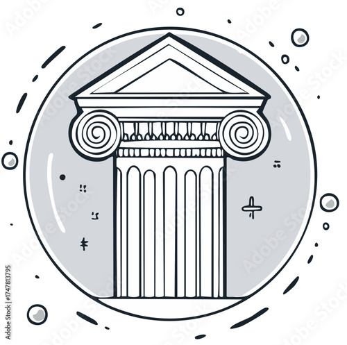 Classical Ionic column capital line art illustration. Ancient architecture pillar doodle icon for law or history.