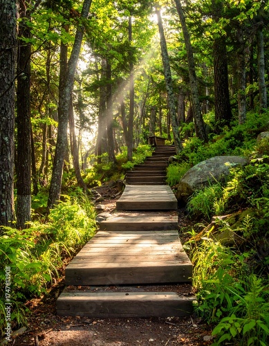 Wooden steps ascending through a sunlit forest