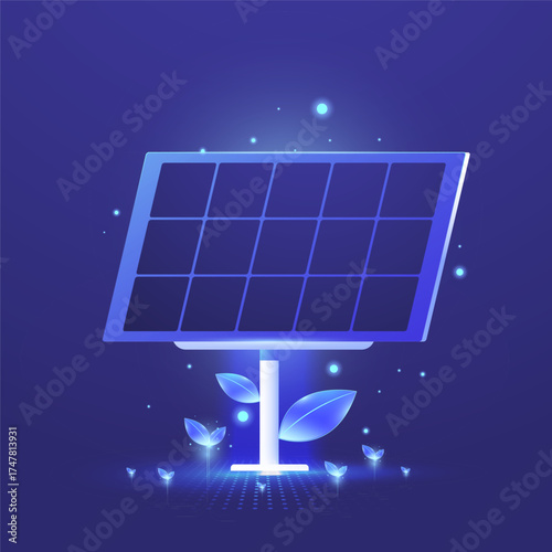 Solar Panel With Sprouting Leaves and Blue Glowing Grid