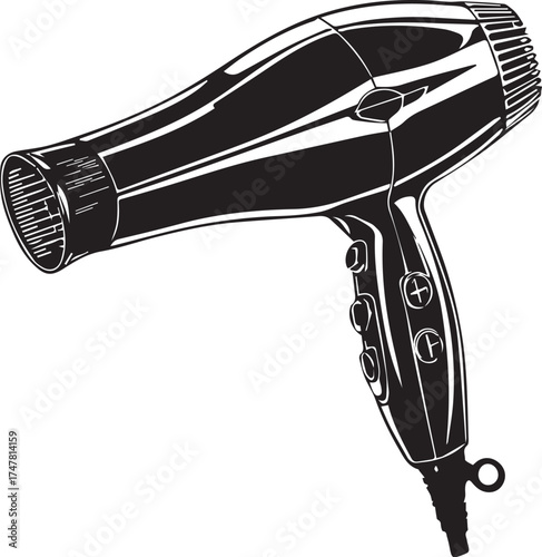 Hair Dryer Icon: A sleek, modern hair dryer silhouette, showcasing its design and functionality, highlighting personal grooming and beauty