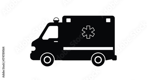 Black silhouette ambulance icon medical emergency vehicle with star of life symbol side view transport silhouette