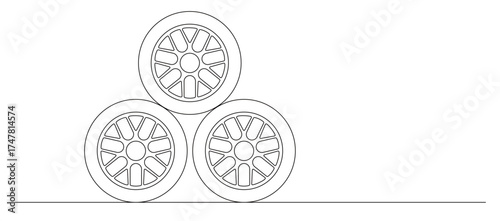 Line art of three stacked car tires and rims lined up with a transparent background. automotive enthusiast concept