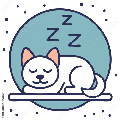Cute sleeping cat with closed eyes inside circle illustration.