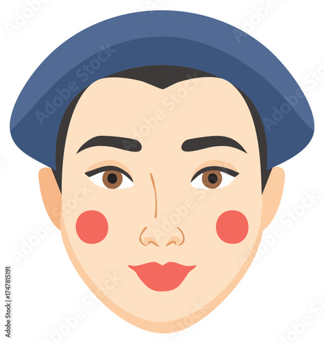 Simple graphic portrait of a young Asian woman wearing a blue cap and red flushed cheeks