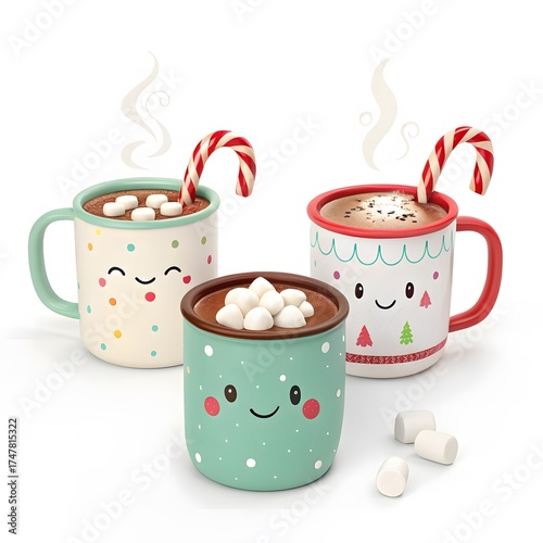 Three cute christmas mugs filled with hot chocolate and marshmallows