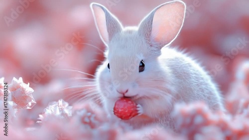 Adorable White Bunny Eating a Strawberry in a Field of Pink Flowers.