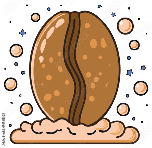 Stylized coffee bean with bubbles and star details on ground