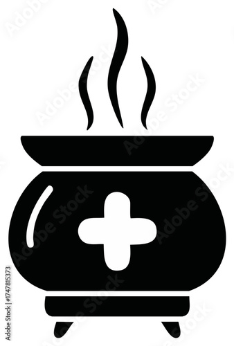 Healing potion cauldron icon with medical cross symbol. Black glyph for remedy, health, and fantasy.