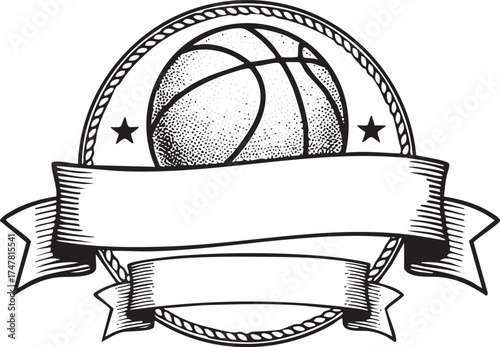 Vintage basketball emblem with blank ribbon banner and stars