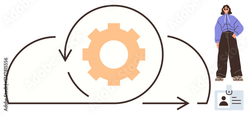 Gear symbol inside cloud with arrows, user ID card, and standing person highlight digital transformation. Ideal for technology, automation, data integration, identification, cloud computing