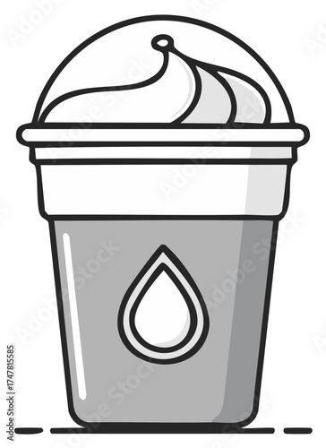 Blended coffee drink with whipped cream in a to-go cup, a monochrome line art vector illustration