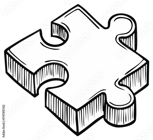 Single hand-drawn puzzle piece with black outline and hatching detail isolated on white